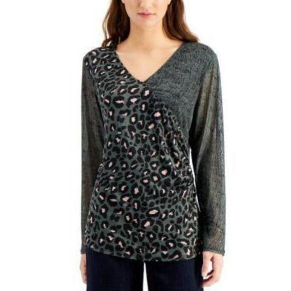 Willow Drive Mesh-Sleeve Wrap Top Bloom Cheetah Combo XS - Picture 1 of 1